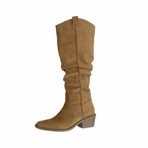 Bottes hautes slouchy à bout pointu vintage avec talons épais, bottes de cowboy western chic.