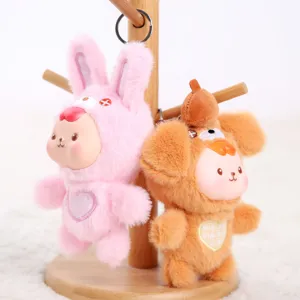 Lindo juego de llaveros de vinilo y peluche, adorables colgantes de conejito y perrito.