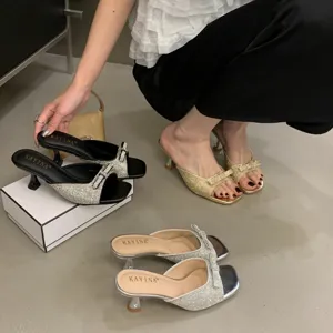 Damen Offene Zehe Low-Heel Pantoffeln Strass Schleife Pantoletten Sommer Casual Party Schuhe