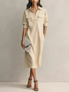Beige cotton linen shirt dress with lapel and buttons for women summer daily wear new.