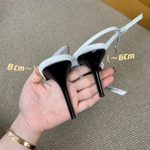 High heel shoe detail showing 6cm and 8cm heel options with elegant satin slingback design.