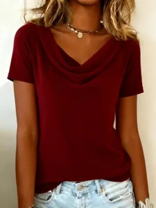 Women solid burgundy cowl neck short sleeve t-shirt casual summer slim fit basic top apparel