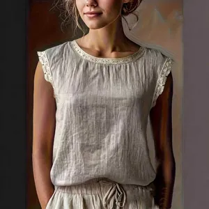 Women vintage loose solid color crew neck lace patch sleeveless linen shirt detailed view