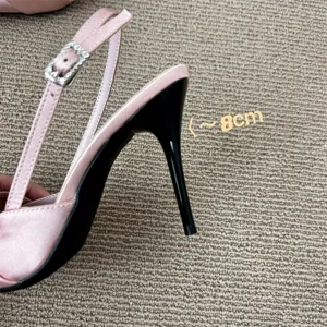 Satin high heel detail view showing crystal buckle and elegant 8cm stiletto heel design.