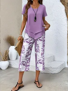 Women summer purple short sleeve top and floral print pants two-piece casual commute set