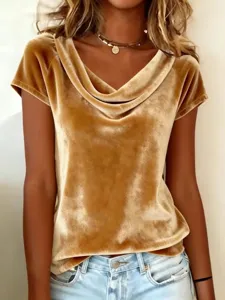 Fashion Women Velvet Cowl Neck Short Sleeve T-Shirt Casual Solid Color Sexy Summer Top