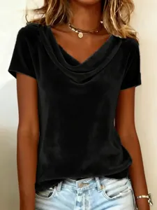Women black velvet cowl neck short sleeve t-shirt sexy elegant casual summer top detail view