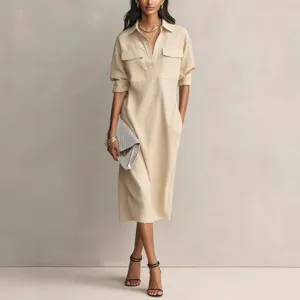 Women Long Sleeve Lapel Single Breasted Straight Dress Casual Commuter Solid Color Maxi Dress Elegant