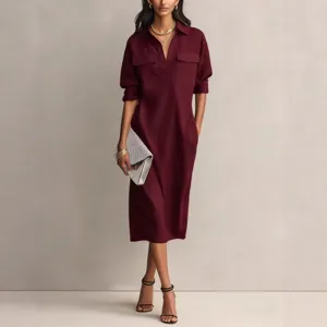 Women's Long Sleeve Button Cotton Linen Shirt Dress Spring Summer Casual Midi Dress