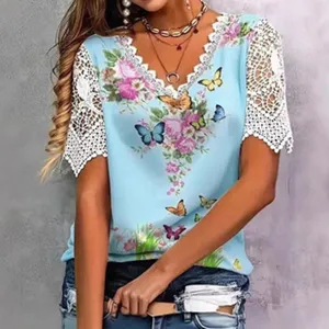Damen Sommer Blumen Schmetterling Druck V-Ausschnitt Spitze Patchwork Kurzarm Top