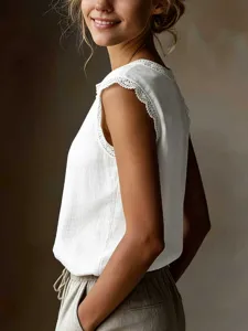 Details of the womens casual sleeveless linen blouse with elegant lace patchwork design.