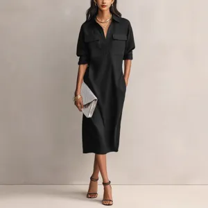 Womens casual button down linen cotton midi shirt dress with front pockets for summer