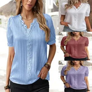 Damen Sommer Kurzarm V-Ausschnitt Plissee Bluse Spitze Besatz elegant T-Shirt Tops