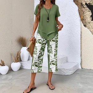 Women Casual Two Piece Set Short Sleeve Top And Leaf Print Pants Elegant Commuting O-Neck Pullover Suit Summer Outfit
