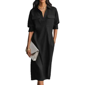 Womens Black Linen Button Down Shirt Dress Casual Long Sleeve Pocket Midi Dress Spring