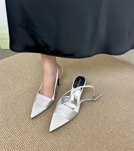 Elegant satin pointed toe slingback high heel pumps for women, fashionable stiletto shoes.