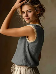 Vintage loose solid color round neck lace patchwork sleeveless linen shirt for women daily wear