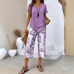 Women summer casual two piece outfit purple short sleeve top and leaf print capri pants set