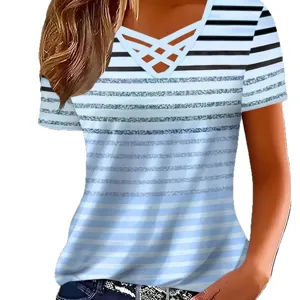 Femme t-shirt rayé à manches courtes décontracté col en v croisé haut d'été doux