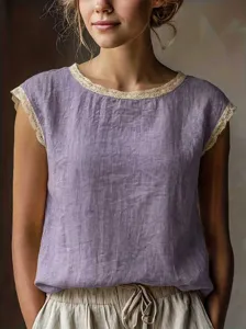 Women vintage loose solid color round neck lace patchwork sleeveless linen blouse detail