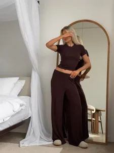 Knit short sleeve t-shirt and wide leg pants two piece set detail, soft casual lounge outfit.