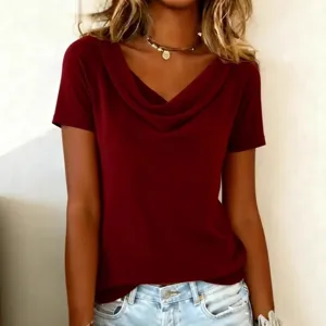 Women solid color cowl neck short sleeve T-shirt, casual summer basic top wine red size S-XL