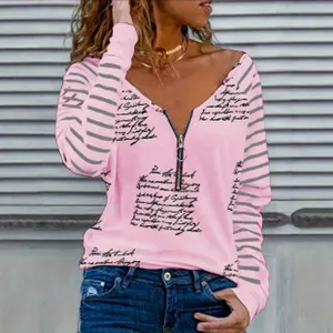 Damen Casual Langarm Gestreift V-Ausschnitt Halb Reißverschluss Top Polyester Mischung Buchstaben Druck Mode Streetwear
