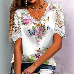 Damen weißes V-Ausschnitt Spitzen Kurzarm Top mit Blumen Schmetterling Druck Sommer.