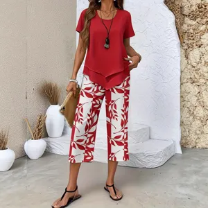 Women's 2-piece set featuring a red short sleeve top and floral print cropped pants for commuting.