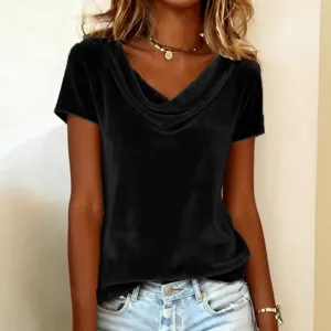 Black velvet cowl neck short sleeve t-shirt for women casual sexy summer top apparel