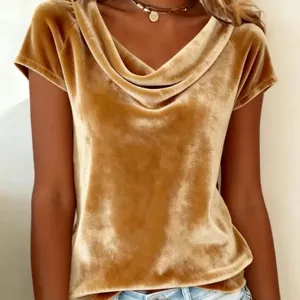 Elegant solid color velvet cowl neck short sleeve t-shirt for women stylish everyday wear