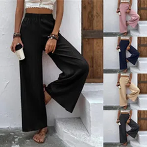Casual wide leg pleated trousers detail showcasing soft fabric, high waist and multi-color variants.