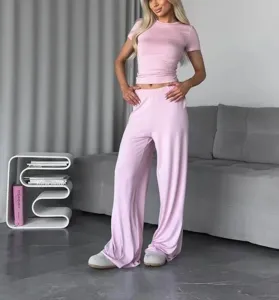 Women pink knit short sleeve t-shirt and wide leg long pants loungewear two piece set detail