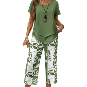 Women's chic two-piece outfit green short sleeve top and leaf print pants casual set