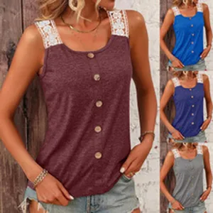 Women lace strap sleeveless tank top casual summer button down shirts with multi colors.