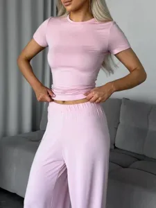 Pink knit short sleeve t-shirt and long pants two piece casual lounge set detail view.