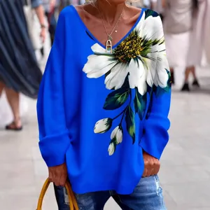 Femme t-shirt à manches longues et col V bleu décontracté avec élégant imprimé floral.