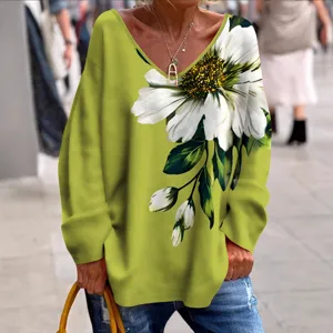 Femme Mode Decontracte Col V Manches Longues T-Shirt Automne Vert Marguerite Imprime Haut