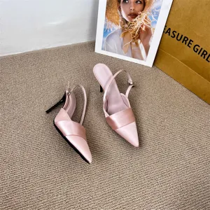 Pink satin slingback high heels women pointed toe thin heel pumps elegant summer party sandals