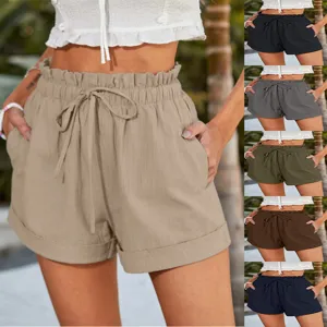 Women's Casual High Waist Solid Color Shorts Loose Summer Pocket Drawstring Beach Short Pants