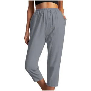 Gedetailleerd overzicht van grijze casual cropped broek voor dames met elastische taille en zakken.