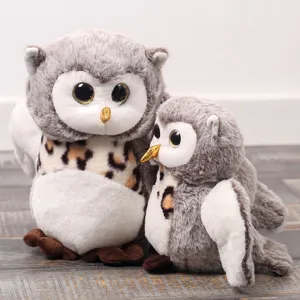 Cute plush owl toy set with big sparkling eyes, soft stuffed animal detail for kids gift.