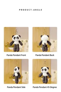 Vista detallada desde múltiples ángulos del tierno llavero de peluche de panda, suave.