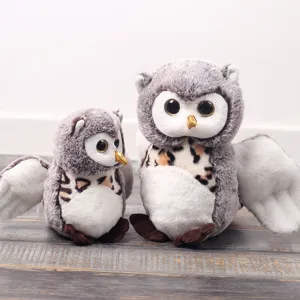 Cute plush owl stuffed animal toy set featuring soft gray feathers and shiny big eyes.