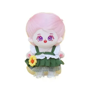 Graziosa bambola di peluche in cotone da 20 cm con capelli rosa e set di abiti verdi per bambini