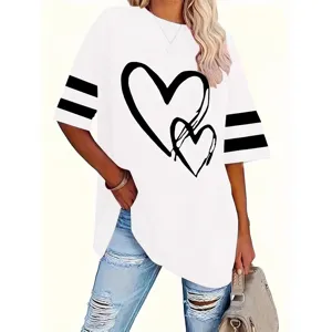 Women's Casual Plus Size Loose Short Sleeve T-Shirt Summer Basic Crew Neck Top With Love Heart Print And Stripe Cuff