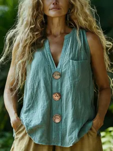 Camicetta estiva donna tinta unita scollo V smanicata in lino con dettagli di bottoni.