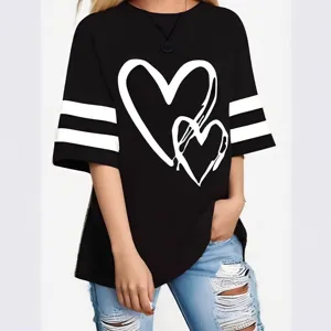 Women's Plus Size Short Sleeve Casual T-Shirt Cute Double Heart Print Sporty Tee Top Black