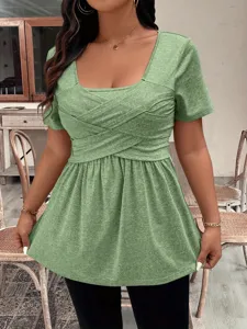Women summer short sleeve square neck crossover casual t-shirt solid green top fashion apparel