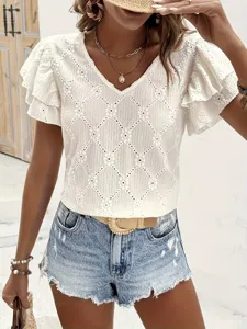 Women white V-neck ruffle short sleeve hollow out embroidered summer casual top shirt